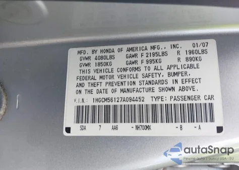 2007 Honda Accord Value z USA, uszkodzony, nr VIN 1HGCM56127A094452